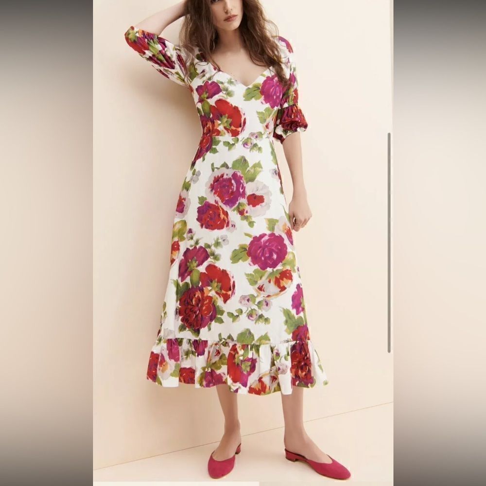Anthropologie La‎ Maison Talulah Womens M/L Floral Puff Sleeve Corset Midi Dress